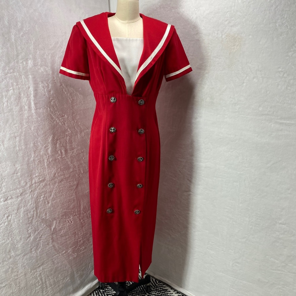 VTG Leslie Lucks Red Double Breasted Style Midi Sailor Dress‎ USA Chic 8